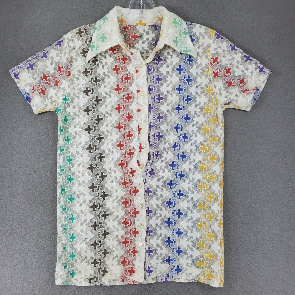 Unbranded Lace Button Down Shirt Womens S Multicolor Vintage 70s Sheer Retro